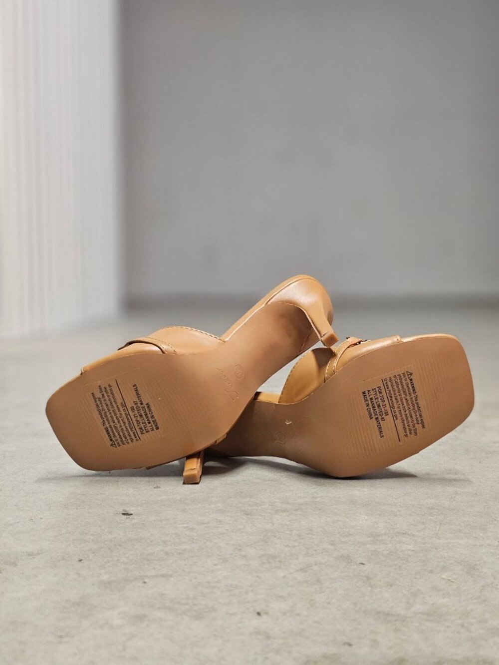 Tan Open-Toe Stiletto Heels With Gold Chain Detail - Picture 15 of 16